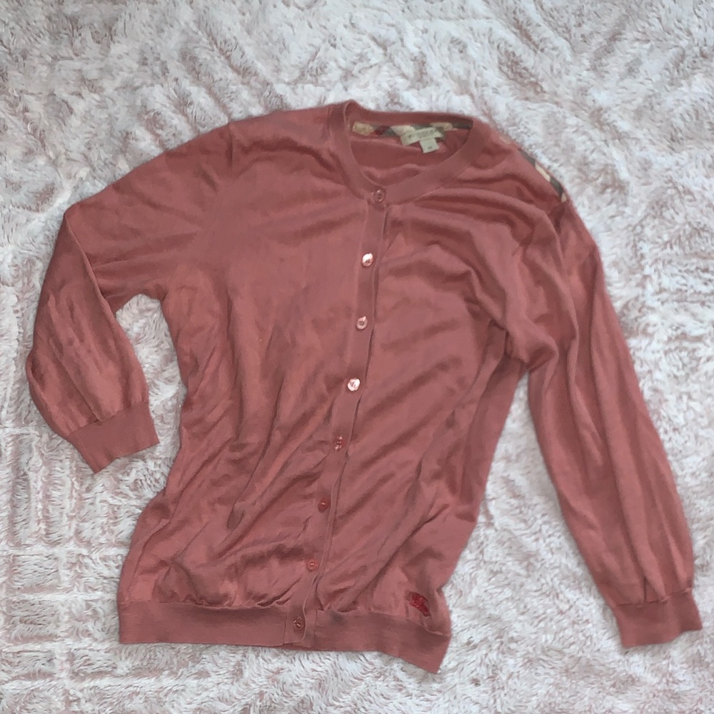 Burberry Tea Rose Button Down Cardigan with embroidered logo at bottom front